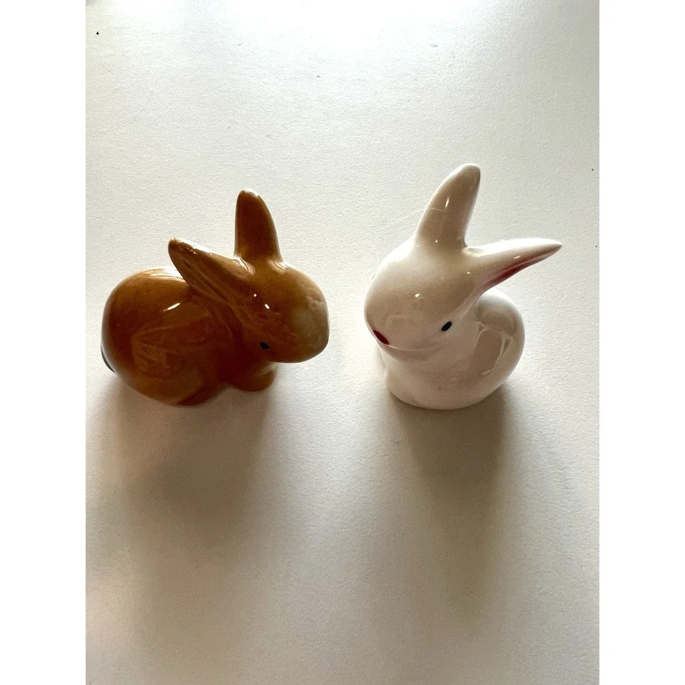 2 NEW Bunnies Rabbits Ceramic Miniature White Tan Pink Ears 2